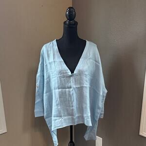 Sky Blue V-Neck Women's Linen Tunic Blouse